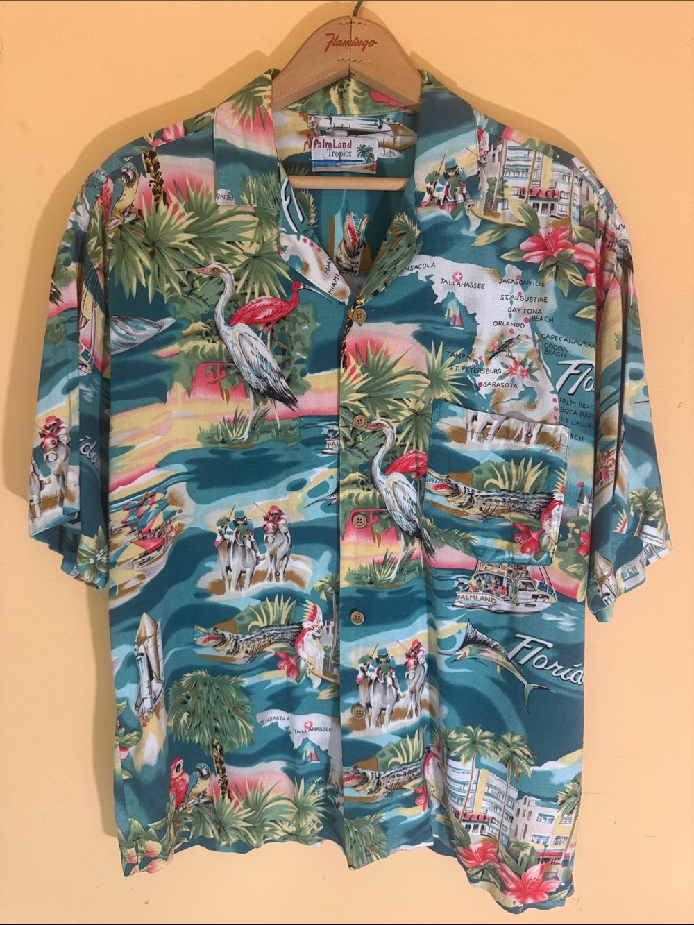 🌴 EUC VINTAGE Teal Palmland Tropics "Everglades & Florida" Camp Shirt 🦩